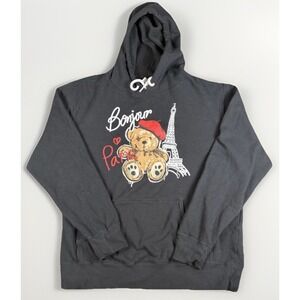 Bonjour Paris Teddy Bear Hoodie Black Graphic Pullover Sweatshirt Size L